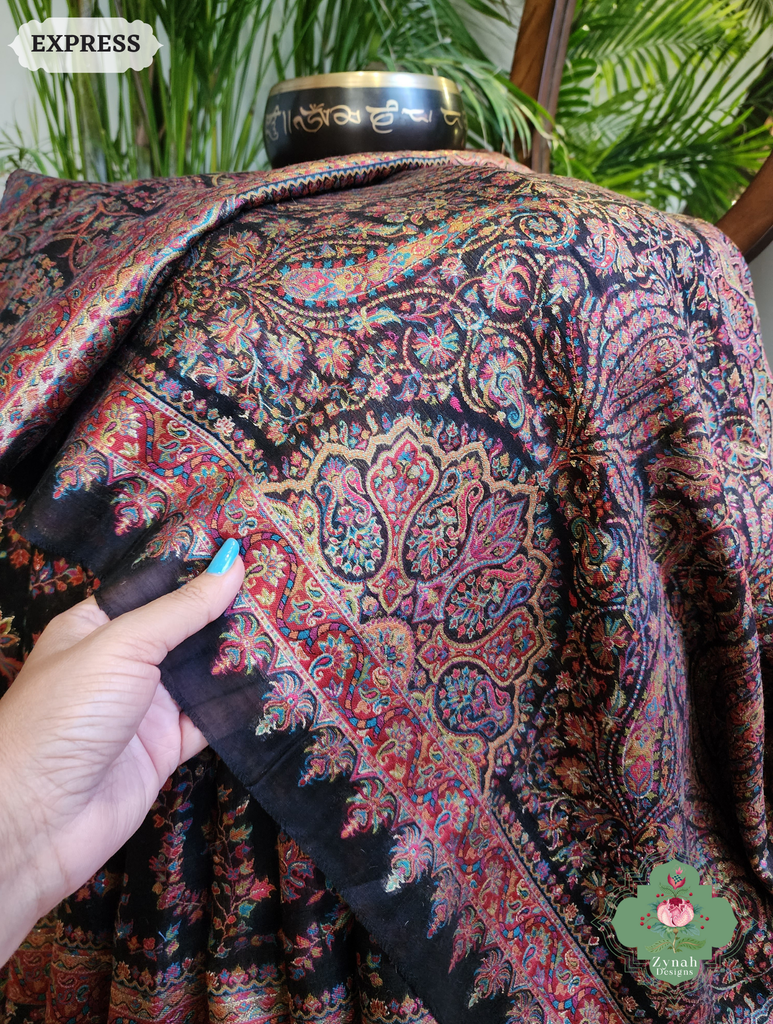 Zynah Black Kashmiri Pure Kani Silk Jamavar Saree; Custom Stitched/Ready-made Blouse, Fall, Petticoat; SKU: 0703202502