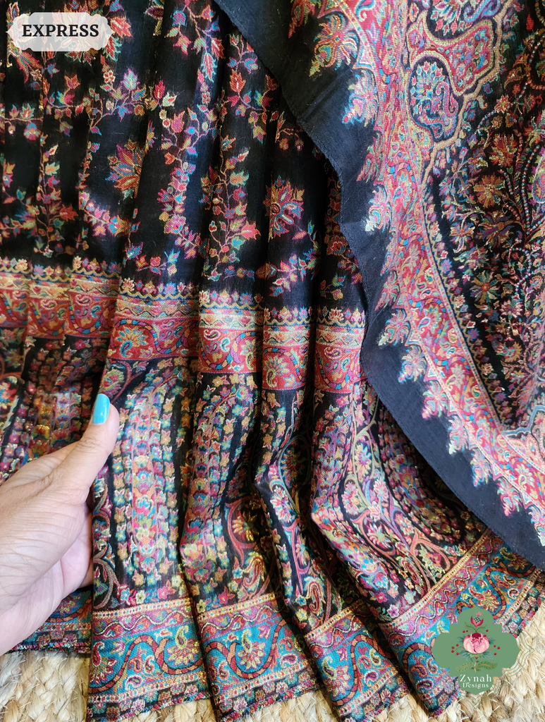 Zynah Black Kashmiri Pure Kani Silk Jamavar Saree; Custom Stitched/Ready-made Blouse, Fall, Petticoat; SKU: 0703202502