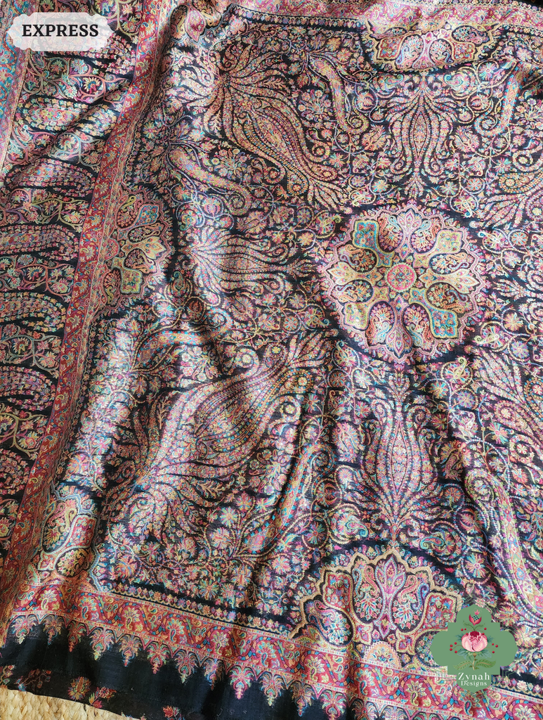 Zynah Black Kashmiri Pure Kani Silk Jamavar Saree; Custom Stitched/Ready-made Blouse, Fall, Petticoat; SKU: 0703202502