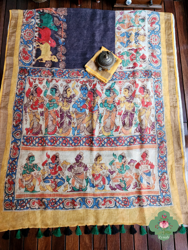 Black Organic Linen Saree With Kalamkari Print 10