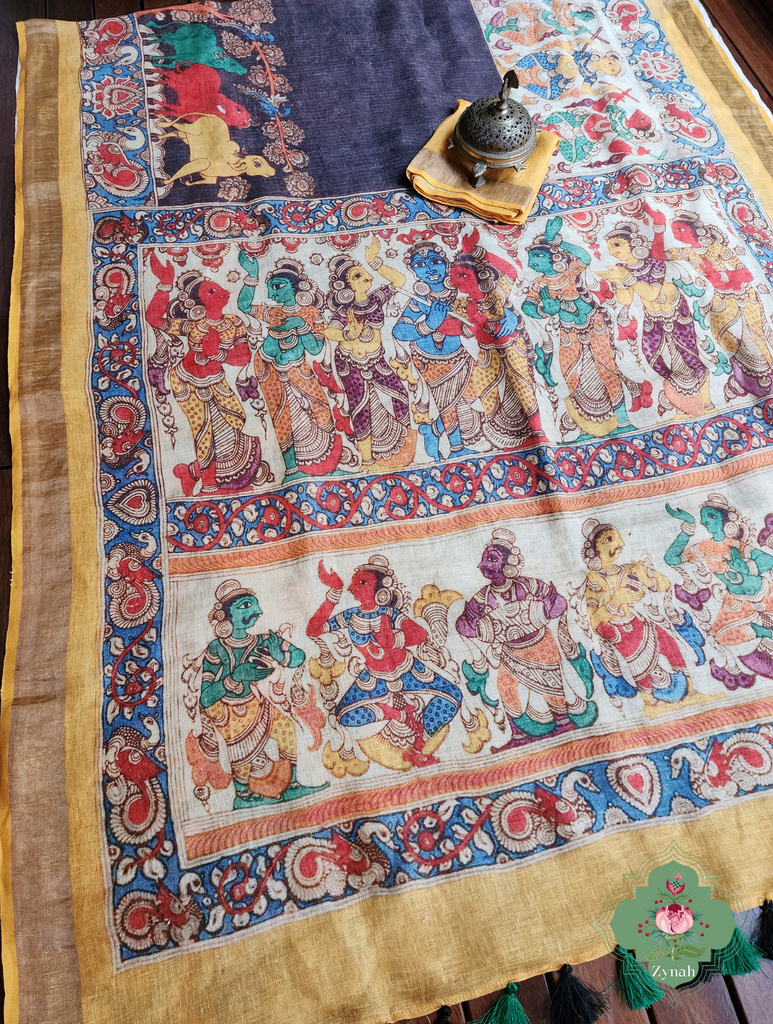 Black Organic Linen Saree With Kalamkari Print 11