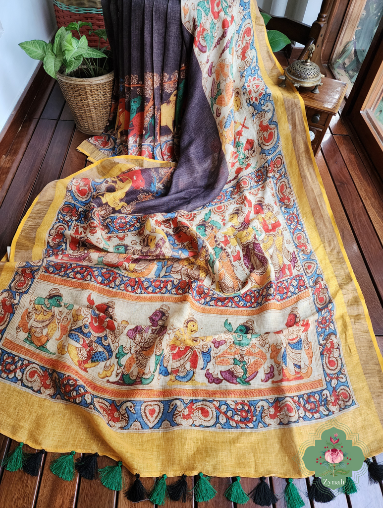 Black Organic Linen Saree With Kalamkari Print 1
