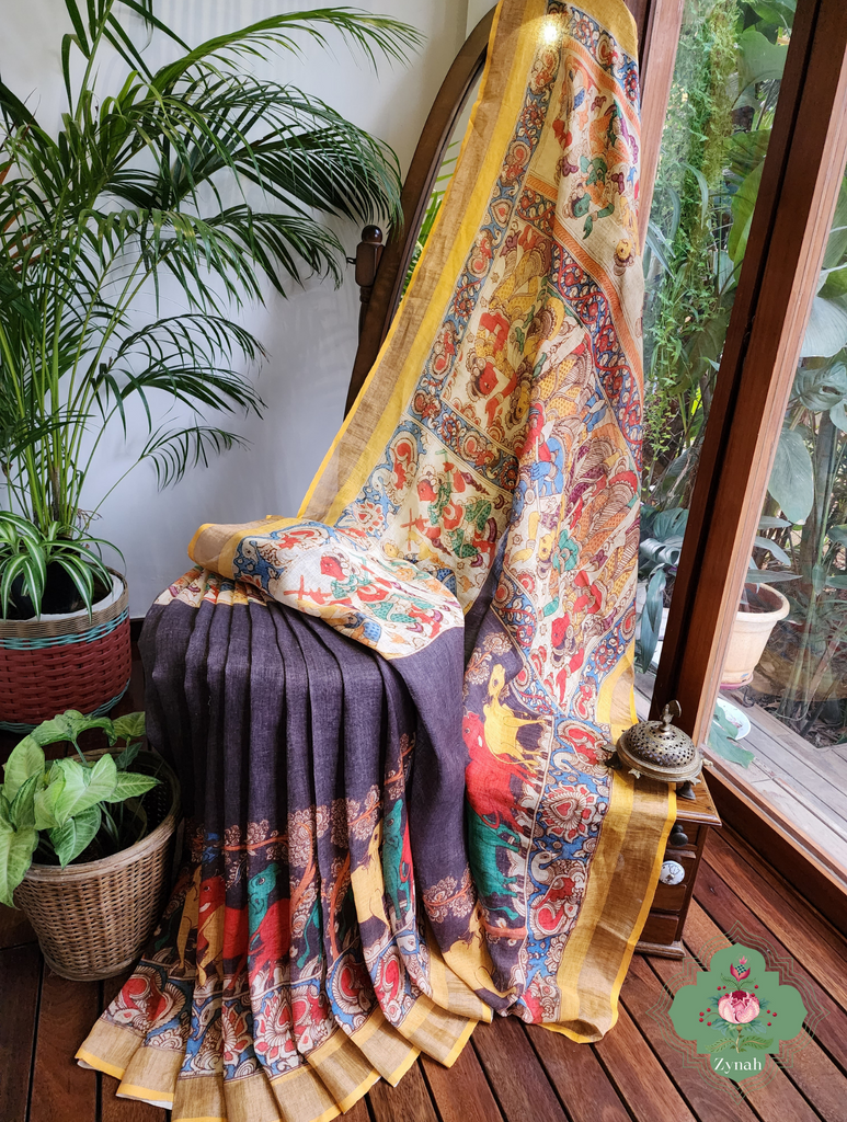 Black Organic Linen Saree With Kalamkari Print 3