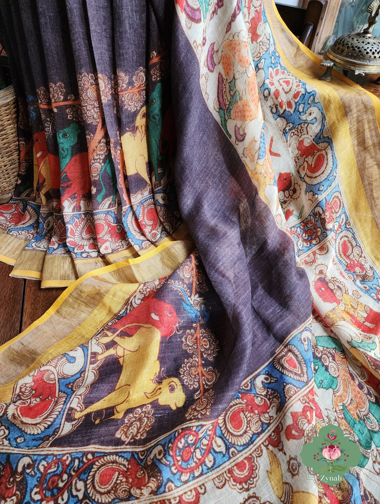 Black Organic Linen Saree With Kalamkari Print 4