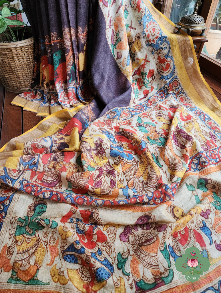 Black Organic Linen Saree With Kalamkari Print 5