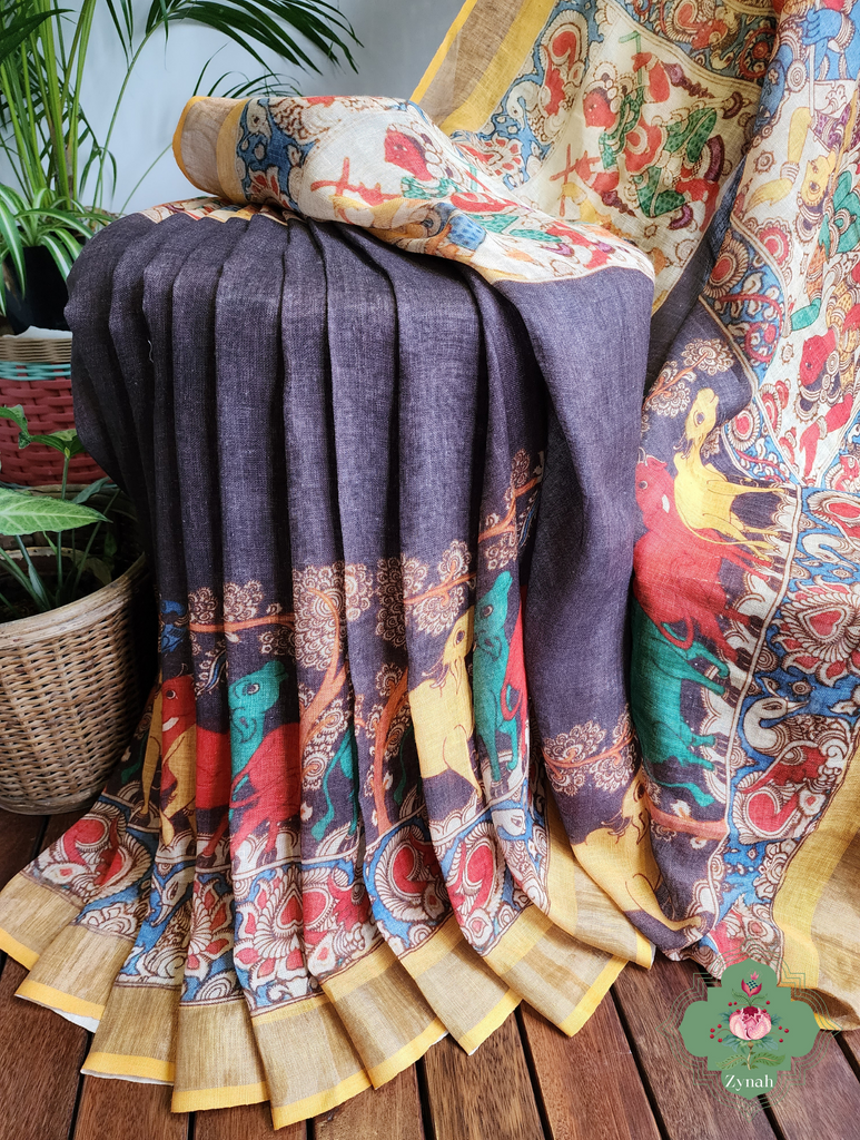 Black Organic Linen Saree With Kalamkari Print 6