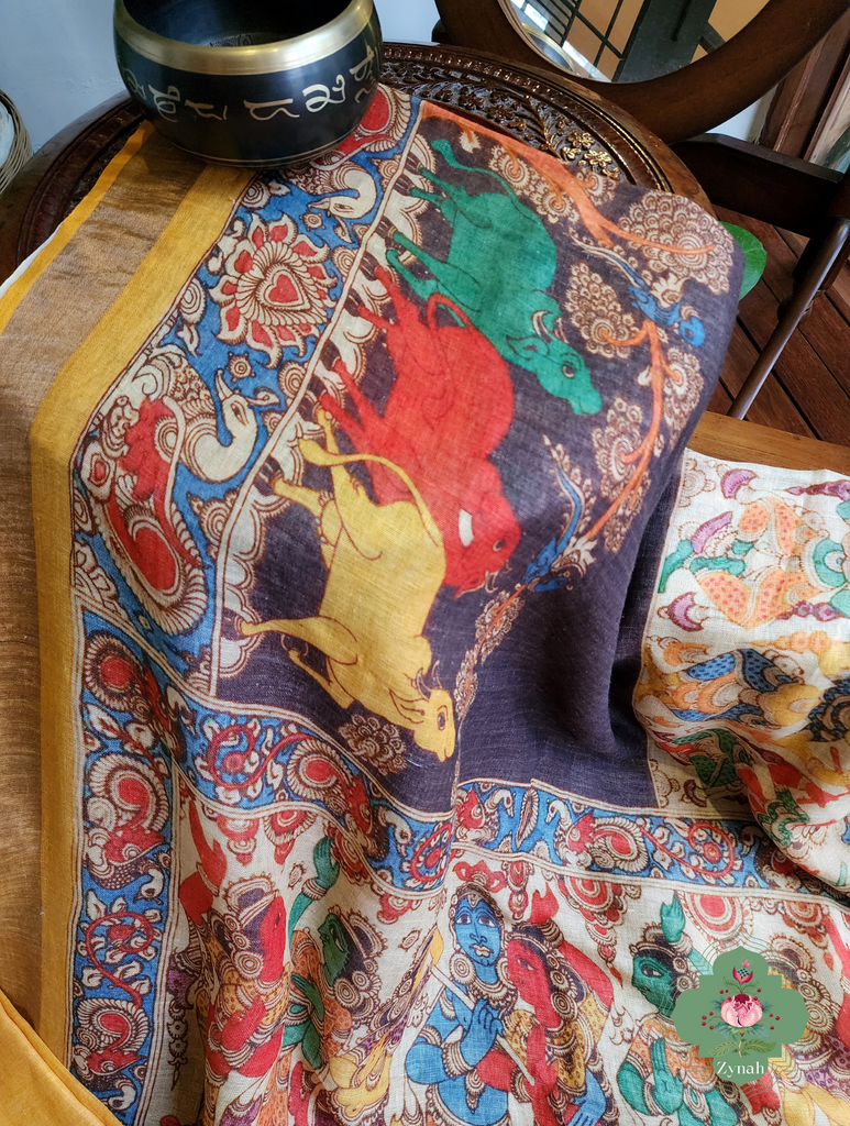 Black Organic Linen Saree With Kalamkari Print 7