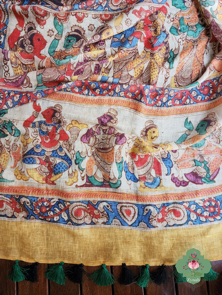 Black Organic Linen Saree With Kalamkari Print 8