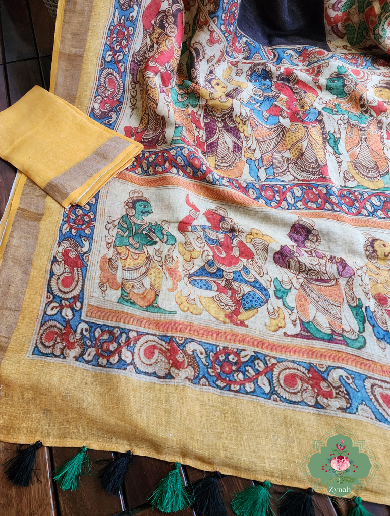 Black Organic Linen Saree With Kalamkari Print 9