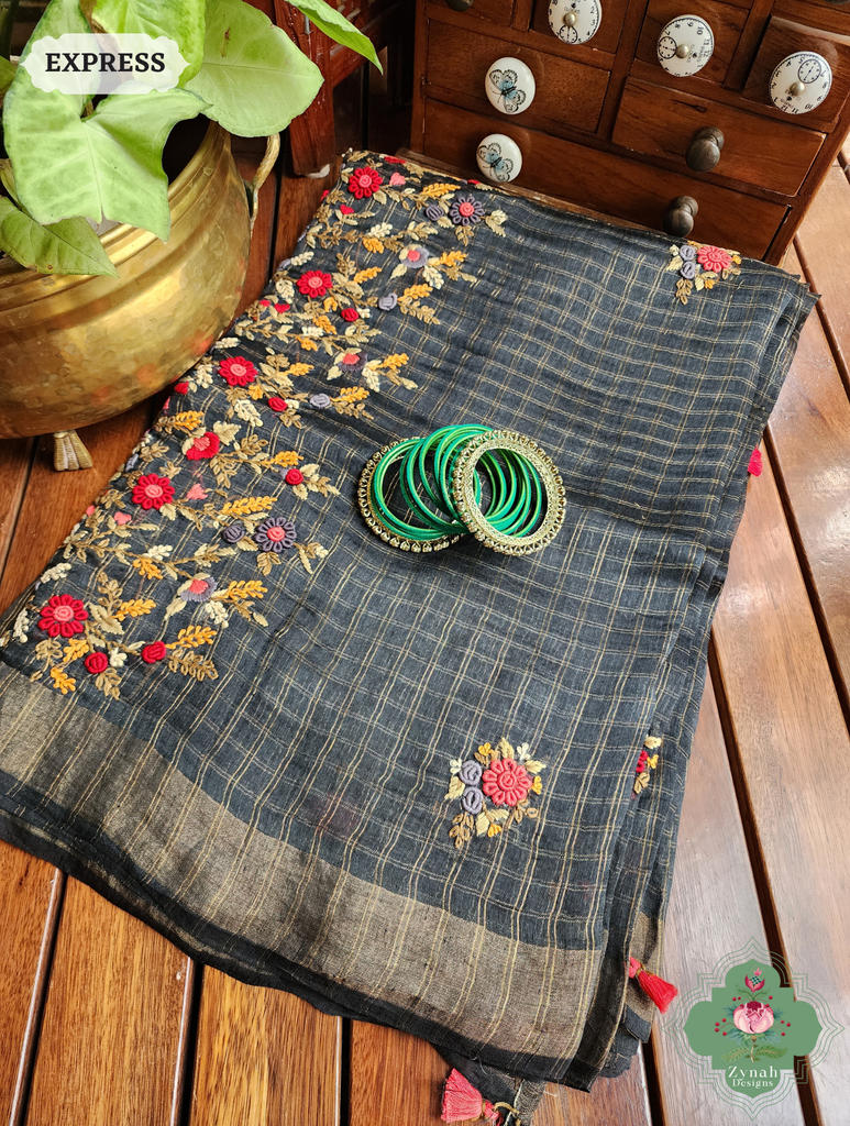 Black Linen Silk Saree With Frenchknot Hand Embroidery 10