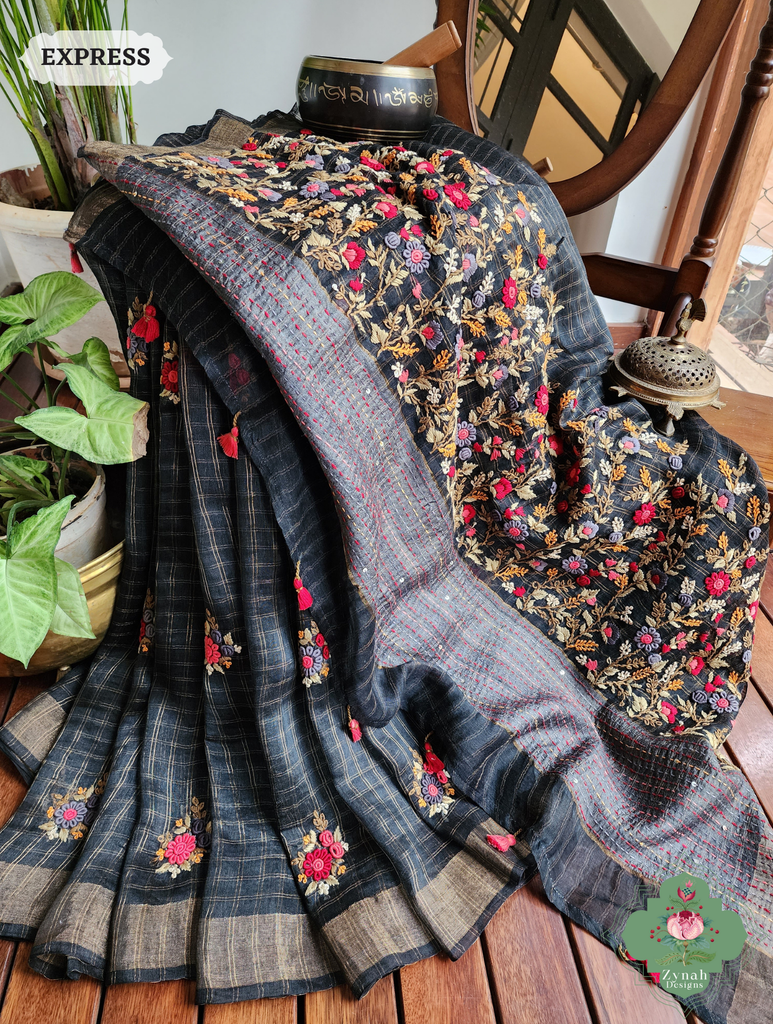 Black Linen Silk Saree With Frenchknot Hand Embroidery 3