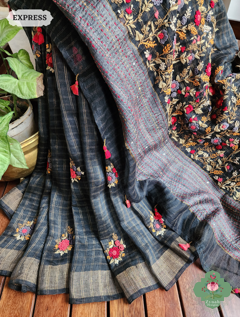 Black Linen Silk Saree With Frenchknot Hand Embroidery 4