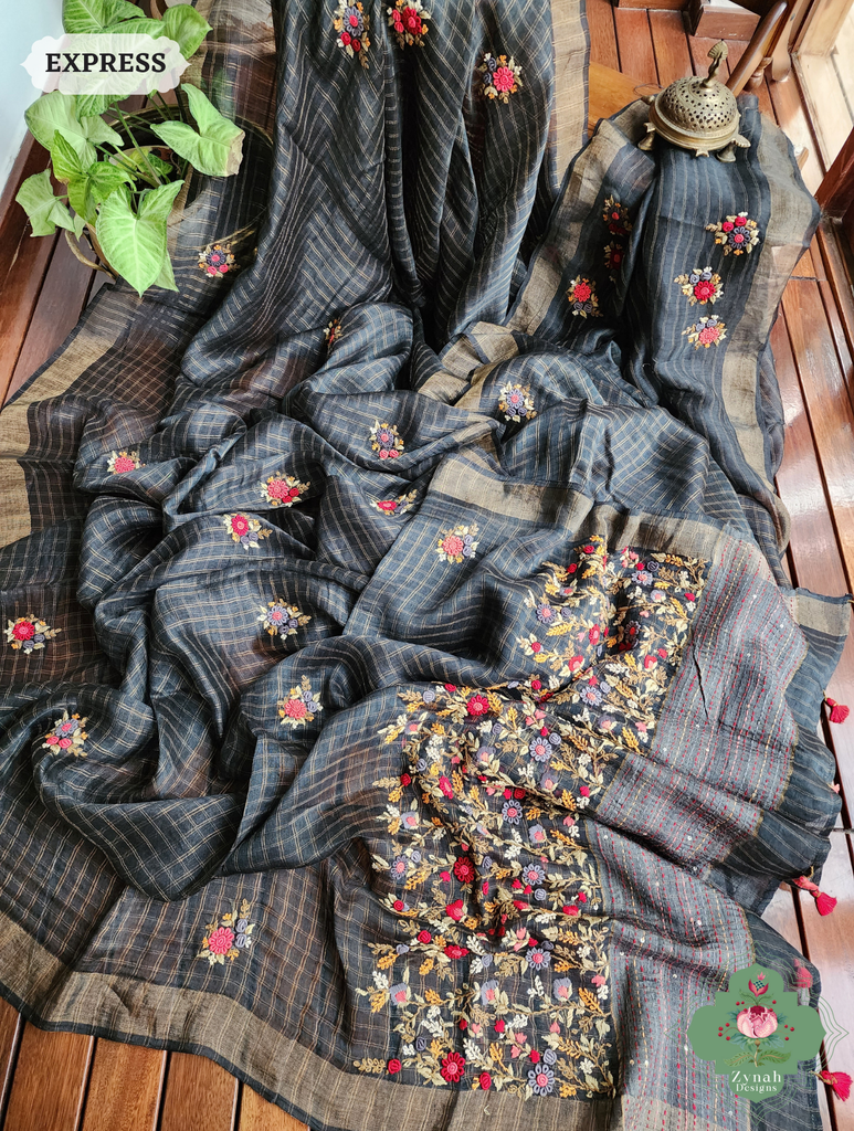 Black Linen Silk Saree With Frenchknot Hand Embroidery 5