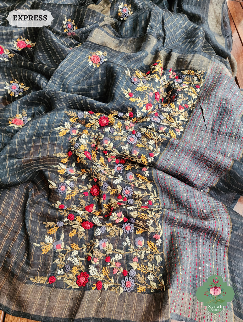 Black Linen Silk Saree With Frenchknot Hand Embroidery 6