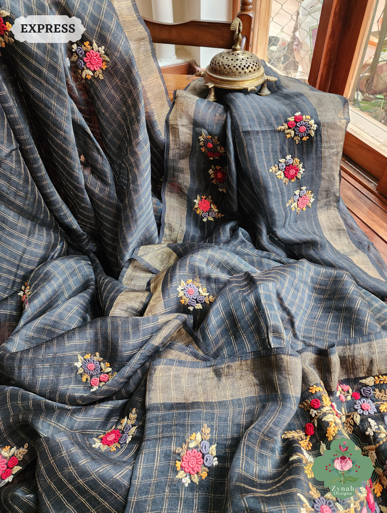 Black Linen Silk Saree With Frenchknot Hand Embroidery 7