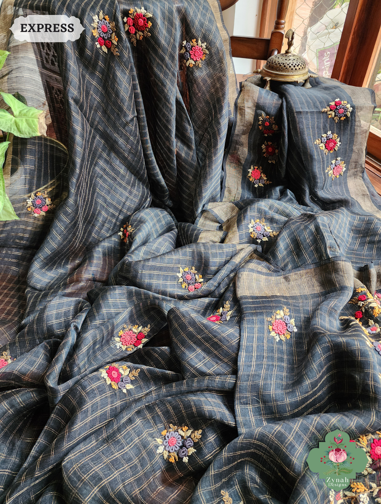 Black Linen Silk Saree With Frenchknot Hand Embroidery 8