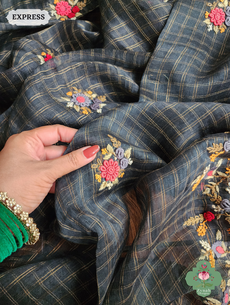 Black Linen Silk Saree With Frenchknot Hand Embroidery 9