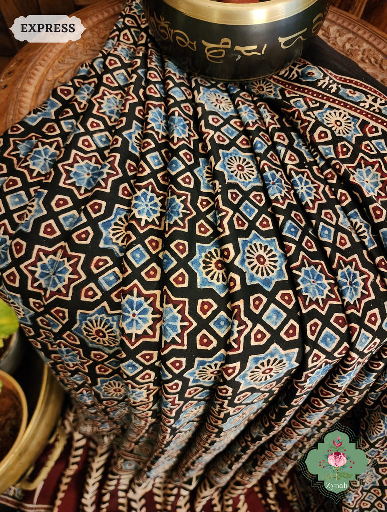 Zynah Black Modal Silk Ajrakh Saree; Custom Stitched/Ready-made Blouse, Fall, Petticoat; SKU: 0809202304