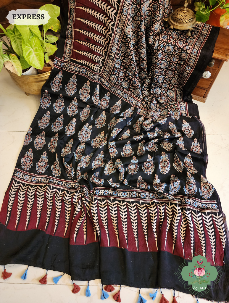 Zynah Black Modal Silk Ajrakh Saree; Custom Stitched/Ready-made Blouse, Fall, Petticoat; SKU: 0809202304