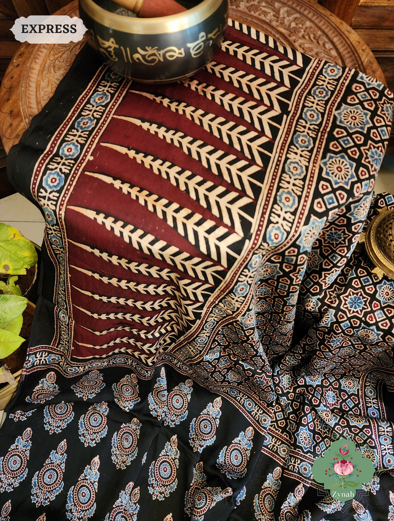 Zynah Black Modal Silk Ajrakh Saree; Custom Stitched/Ready-made Blouse, Fall, Petticoat; SKU: 0809202304