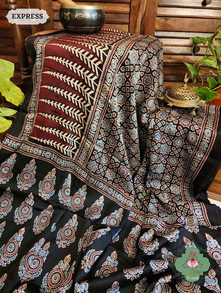 Zynah Black Modal Silk Ajrakh Saree; Custom Stitched/Ready-made Blouse, Fall, Petticoat; SKU: 0809202304