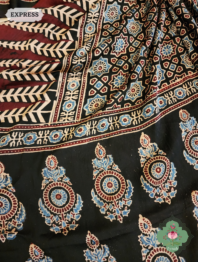 Zynah Black Modal Silk Ajrakh Saree; Custom Stitched/Ready-made Blouse, Fall, Petticoat; SKU: 0809202304