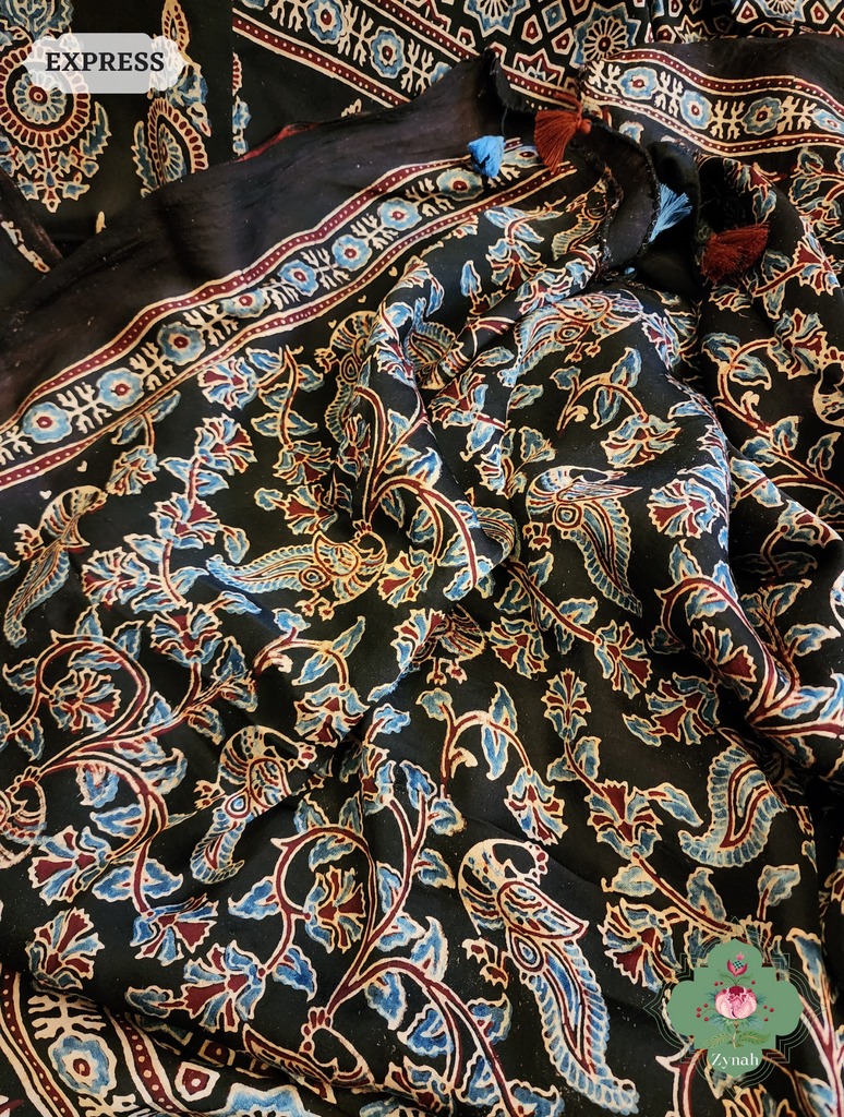 Zynah Black Modal Silk Ajrakh Saree; Custom Stitched/Ready-made Blouse, Fall, Petticoat; SKU: 0809202304