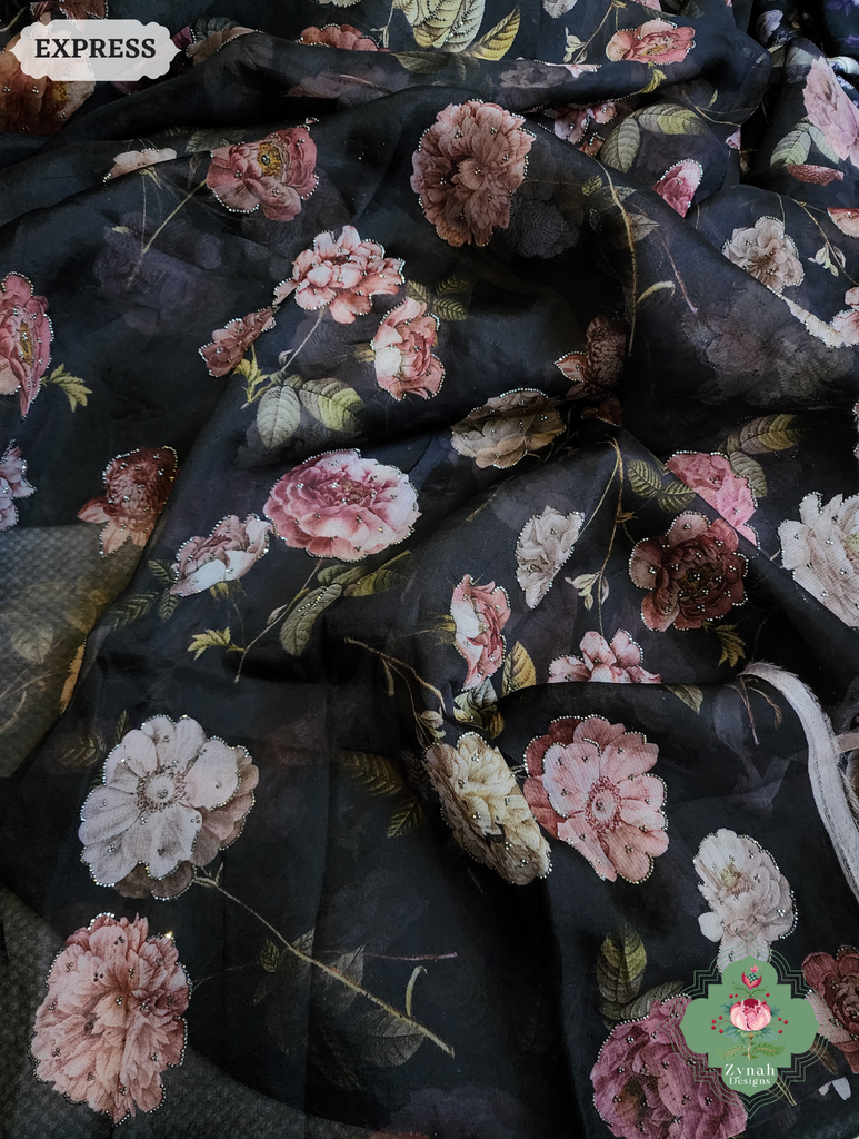 Zynah Black Organza Silk Saree With Floral Print & Sugar Bead Hightlights; Custom Stitched/Ready-made Blouse, Fall, Petticoat; SKU: 1402202501