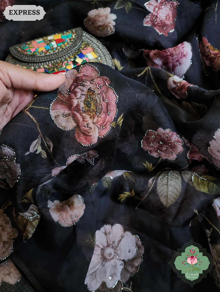 Zynah Black Organza Silk Saree With Floral Print & Sugar Bead Hightlights; Custom Stitched/Ready-made Blouse, Fall, Petticoat; SKU: 1402202501