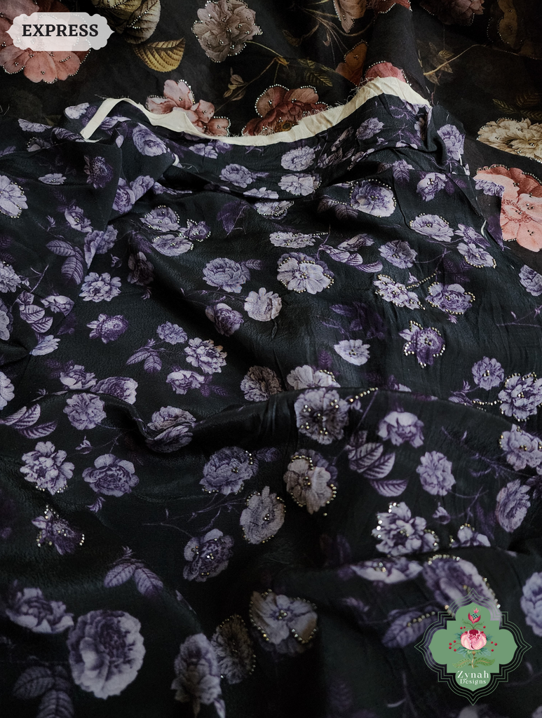 Zynah Black Organza Silk Saree With Floral Print & Sugar Bead Hightlights; Custom Stitched/Ready-made Blouse, Fall, Petticoat; SKU: 1402202501