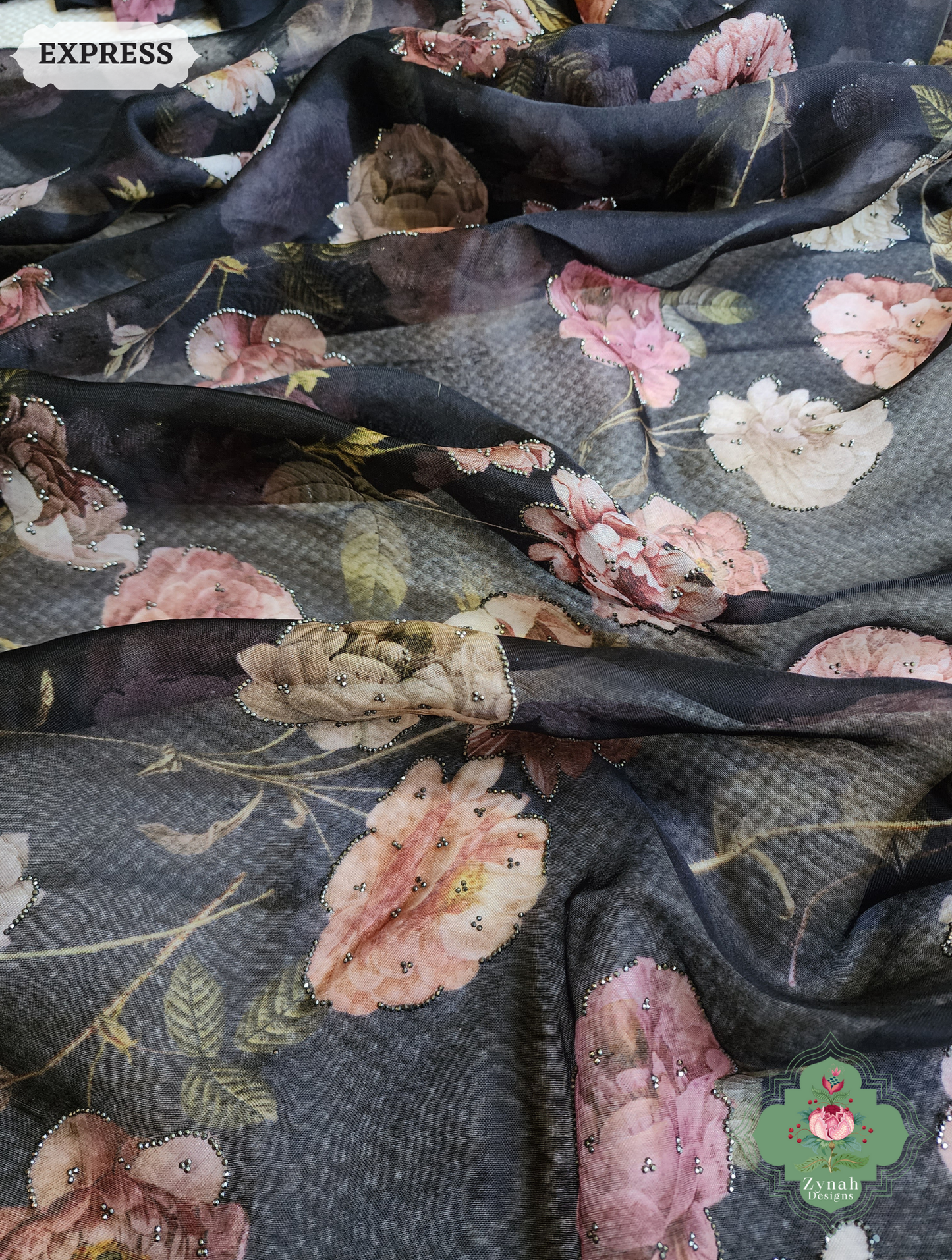 Zynah Black Organza Silk Saree With Floral Print & Sugar Bead Hightlights; Custom Stitched/Ready-made Blouse, Fall, Petticoat; SKU: 1402202501