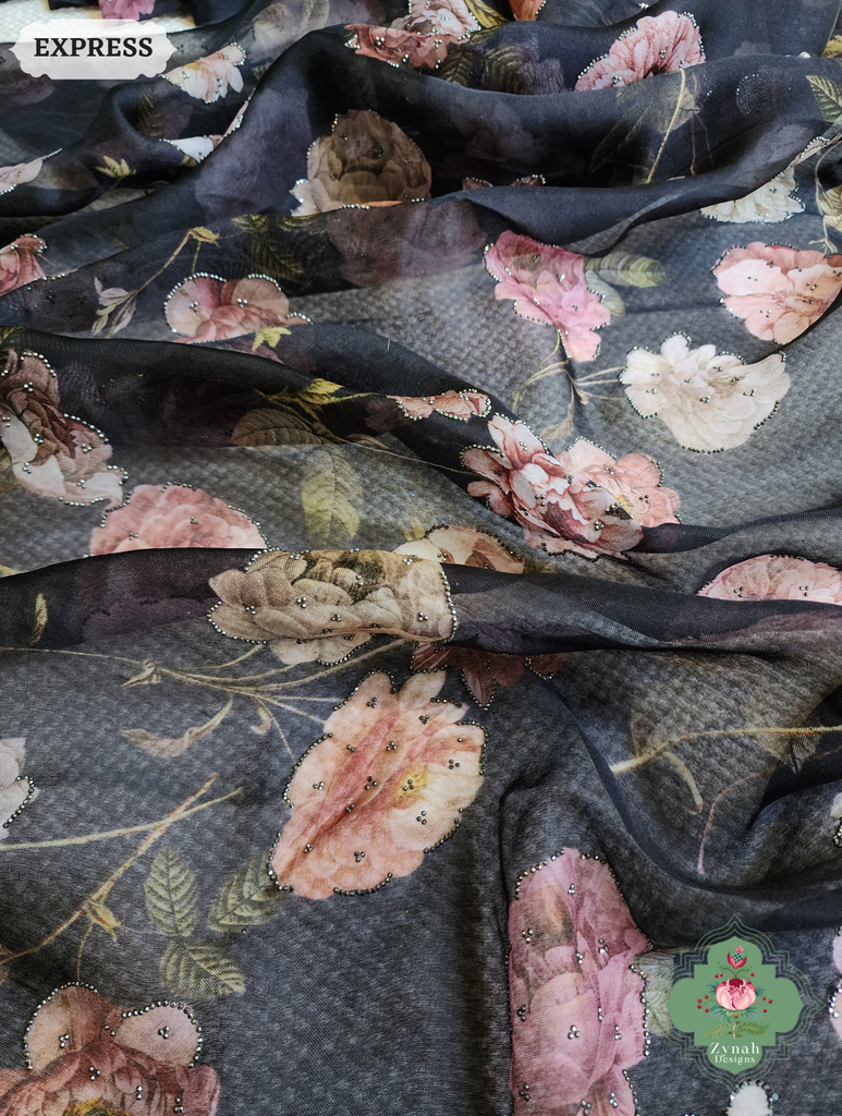 Zynah Black Organza Silk Saree With Floral Print & Sugar Bead Hightlights; Custom Stitched/Ready-made Blouse, Fall, Petticoat; SKU: 1402202501
