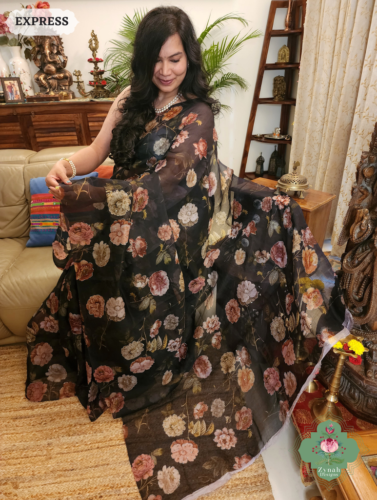 Zynah Black Organza Silk Saree With Floral Print & Sugar Bead Hightlights; Custom Stitched/Ready-made Blouse, Fall, Petticoat; SKU: 1402202501