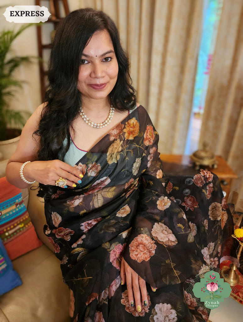 Zynah Black Organza Silk Saree With Floral Print & Sugar Bead Hightlights; Custom Stitched/Ready-made Blouse, Fall, Petticoat; SKU: 1402202501