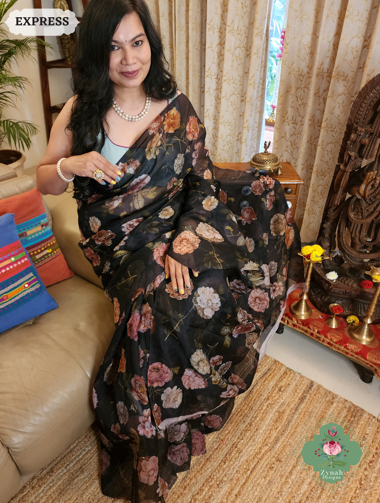 Zynah Black Organza Silk Saree With Floral Print & Sugar Bead Hightlights; Custom Stitched/Ready-made Blouse, Fall, Petticoat; SKU: 1402202501