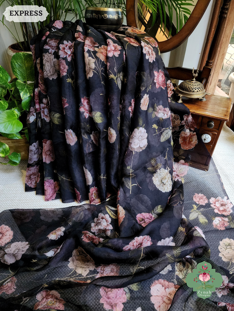 Zynah Black Organza Silk Saree With Floral Print & Sugar Bead Hightlights; Custom Stitched/Ready-made Blouse, Fall, Petticoat; SKU: 1402202501