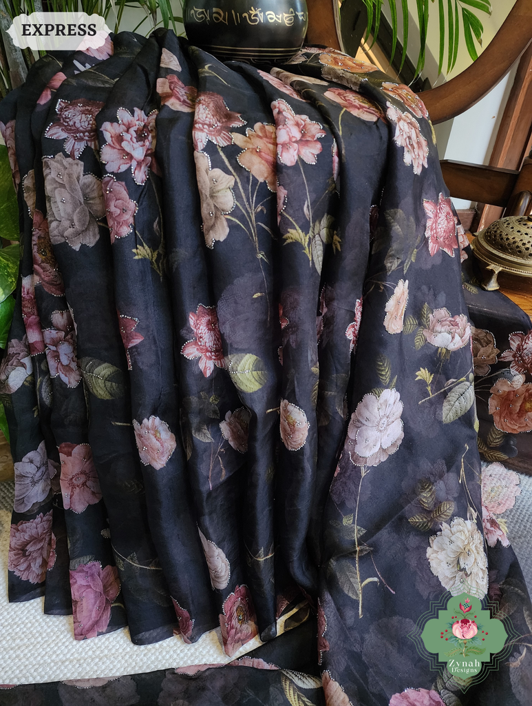 Zynah Black Organza Silk Saree With Floral Print & Sugar Bead Hightlights; Custom Stitched/Ready-made Blouse, Fall, Petticoat; SKU: 1402202501