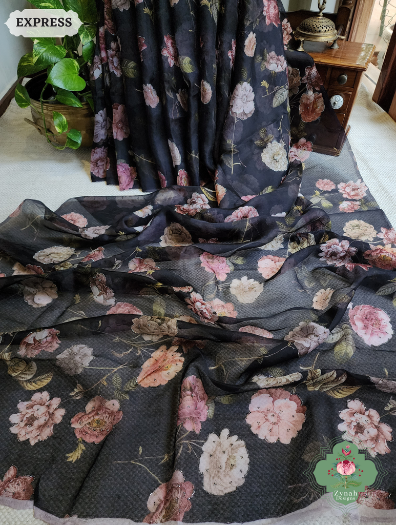 Zynah Black Organza Silk Saree With Floral Print & Sugar Bead Hightlights; Custom Stitched/Ready-made Blouse, Fall, Petticoat; SKU: 1402202501