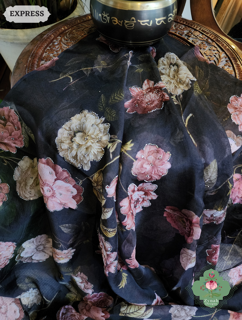 Zynah Black Organza Silk Saree With Floral Print & Sugar Bead Hightlights; Custom Stitched/Ready-made Blouse, Fall, Petticoat; SKU: 1402202501