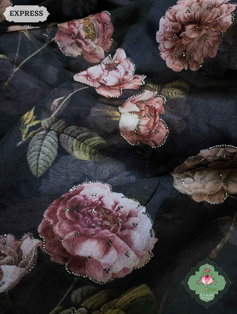 Zynah Black Organza Silk Saree With Floral Print & Sugar Bead Hightlights; Custom Stitched/Ready-made Blouse, Fall, Petticoat; SKU: 1402202501
