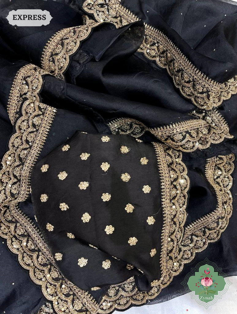 Black Pure Organza Silk Saree With All Over Mukaish Work & Sequins Embroidered Border