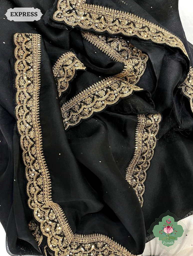 Black Pure Organza Silk Saree With All Over Mukaish Work & Sequins Embroidered Border