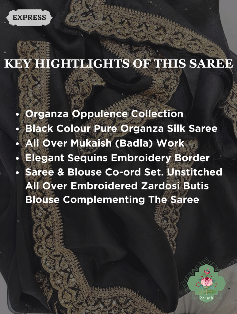 Black Pure Organza Silk Saree With All Over Mukaish Work & Sequins Embroidered Border