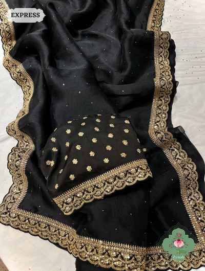 Black Pure Organza Silk Saree With All Over Mukaish Work & Sequins Embroidered Border