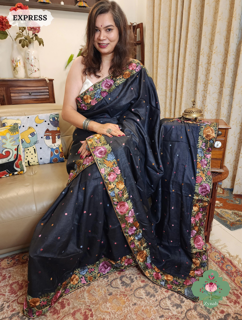 Black Pure Tussar Silk Hand Embroidered Parsi Gara Saree 01