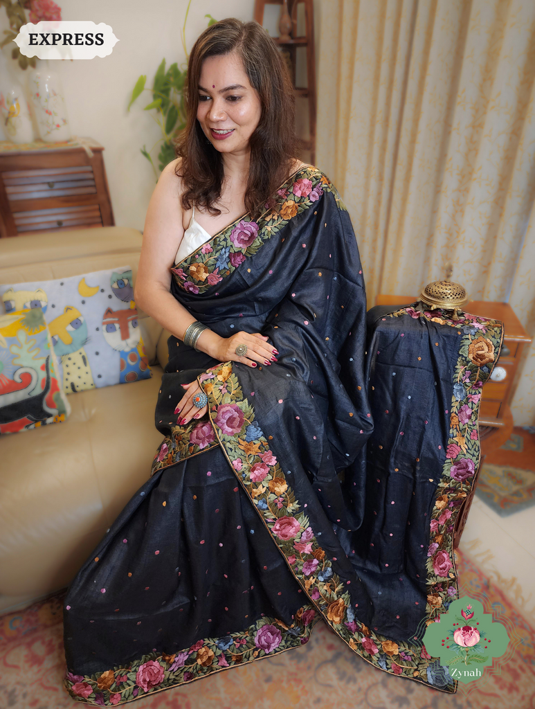Black Pure Tussar Silk Hand Embroidered Parsi Gara Saree 03