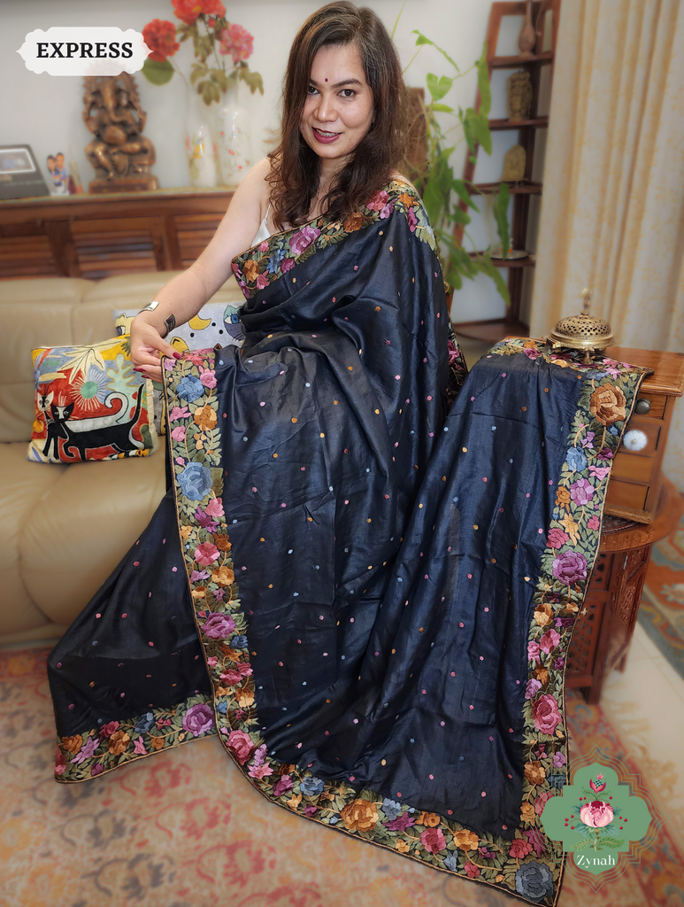 Black Pure Tussar Silk Hand Embroidered Parsi Gara Saree 04