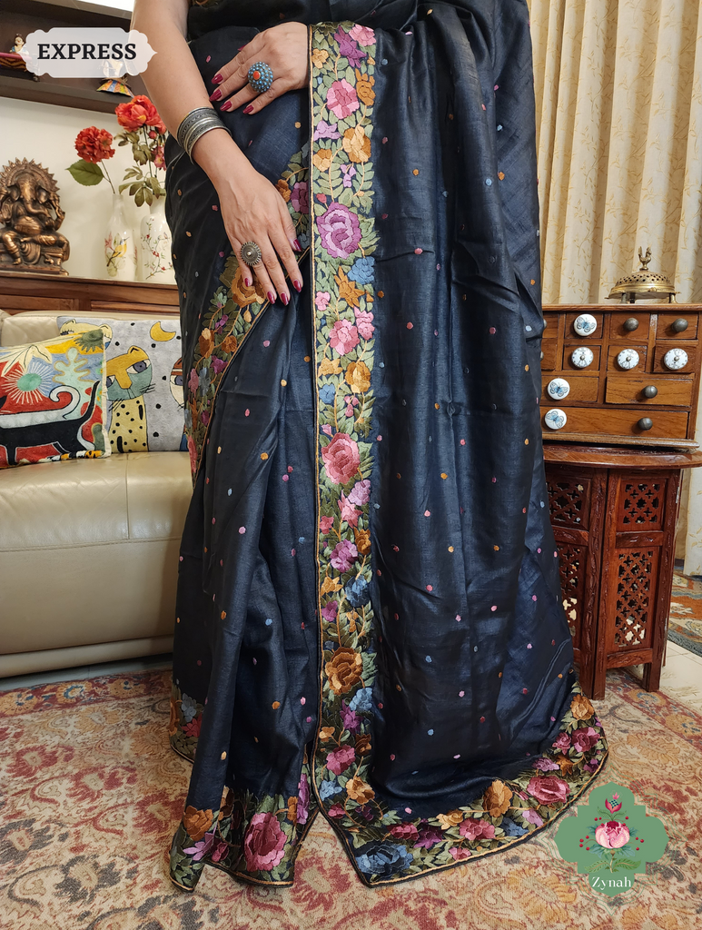 Black Pure Tussar Silk Hand Embroidered Parsi Gara Saree 05
