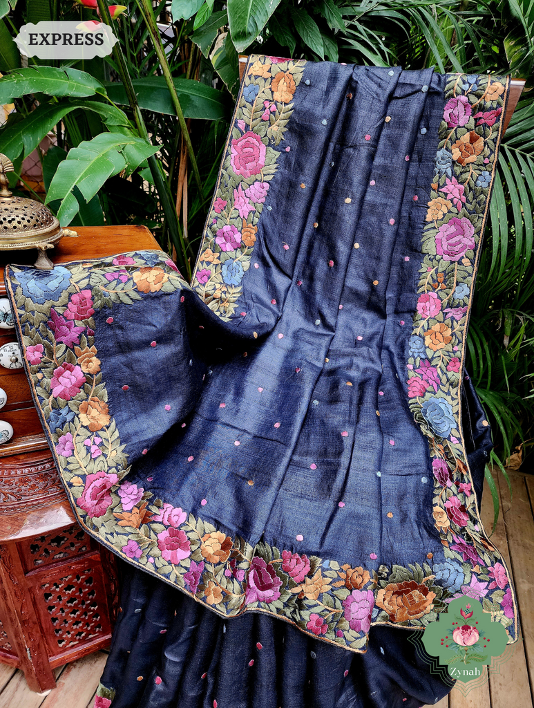 Black Pure Tussar Silk Hand Embroidered Parsi Gara Saree 06