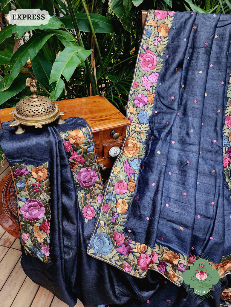 Black Pure Tussar Silk Hand Embroidered Parsi Gara Saree 07